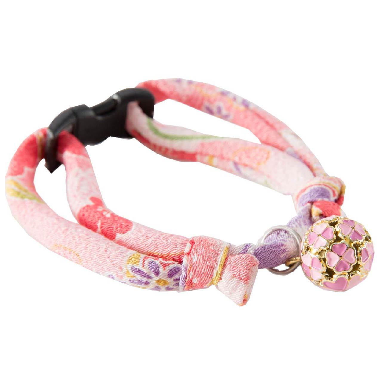 Chirimen Cat Collar with Clover Bell (Pastel Pink)