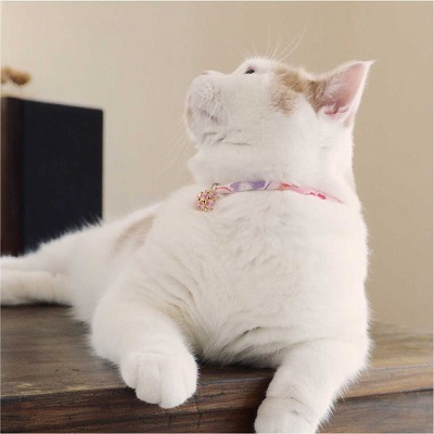 Chirimen Cat Collar with Clover Bell (Pastel Pink)