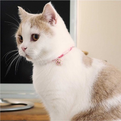 Chirimen Cat Collar with Clover Bell (Pastel Pink)