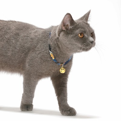 Chirimen Cat Collar with Clover Bell Navy image 1