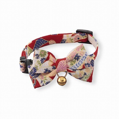 Chirimen Kimono Bow Tie Cat Collar (Red)