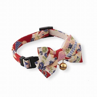Chirimen Kimono Bow Tie Cat Collar (Red)