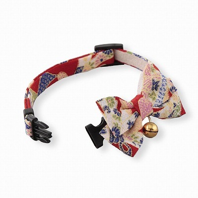 Chirimen Kimono Bow Tie Cat Collar (Red)